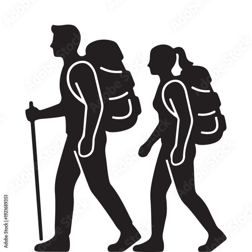Hiking couple with backpacks silhouette vector illustration trekking adventure travelers isolated outdoor mountain tourism logo design