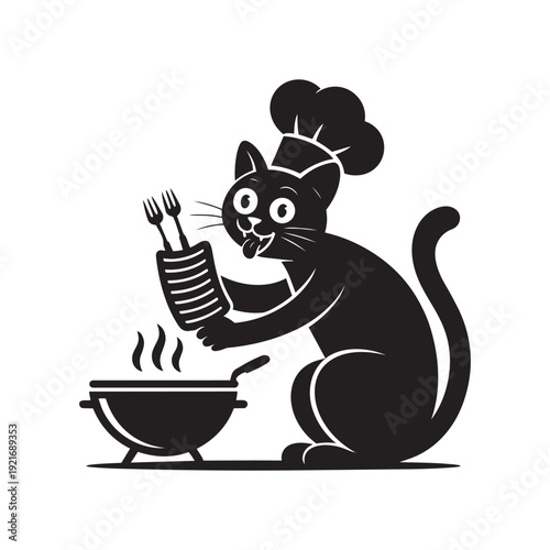 Funny chef cat cooking meat on grill black and white vector art
