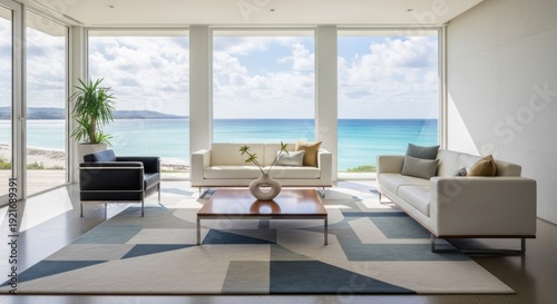 Modern living room with ocean view offers relaxation and tranquility
