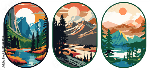Set of three oval landscape illustrations. Modern flat vector of mountains, rivers, and forests in badge style