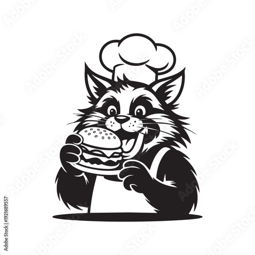 Happy raccoon chef eating hamburger, black and white restaurant logo vector illustration