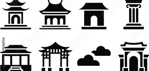 Asian architecture icon set, pagoda temple torii gate arch column silhouette black white vector illustration collection