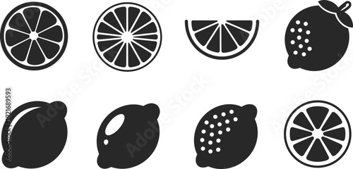 Black and white citrus fruit icon collection, lemon slice whole lemon orange segment silhouette vector illustration set
