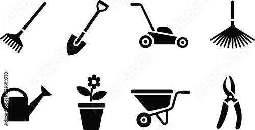 Black and white gardening tools icon set, rake shovel lawn mower watering can wheelbarrow pruners vector silhouette