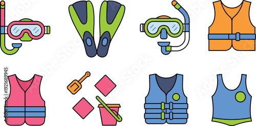 Colorful snorkeling and swim safety gear set, scuba mask fins life jacket cartoon vector illustration