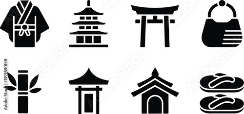 Japanese culture icon set, kimono pagoda torii gate bamboo shrine sandals minimal black white vector silhouette collection