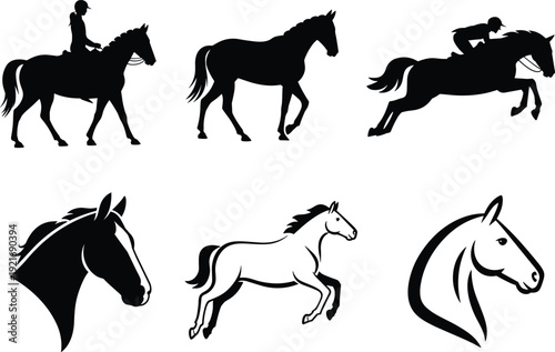 Minimalist horse silhouette set, equestrian rider jumping running stallion head vector black illustration collection
