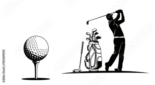 Golfer Swinging Club with Ball and Bag on Isolated White Background