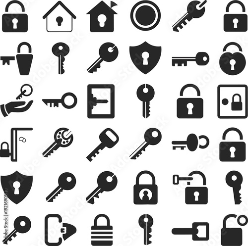 Extensive collection of minimalist security icons featuring diverse padlocks, door keys, safety shields, and home protection symbols for cybersecurity, locksmith services, and privacy vector designs.