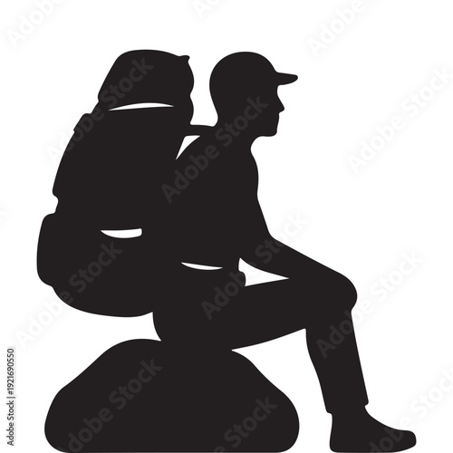 Hiking resting silhouette, outdoor adventure people icon, trekking travel concept, black vector illustration