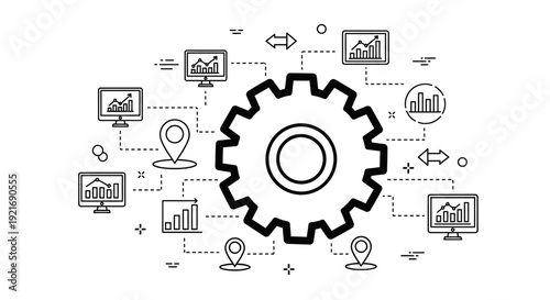 Business Process Management Gear Icon with Data Analytics and Technology Icons on Isolated White Background