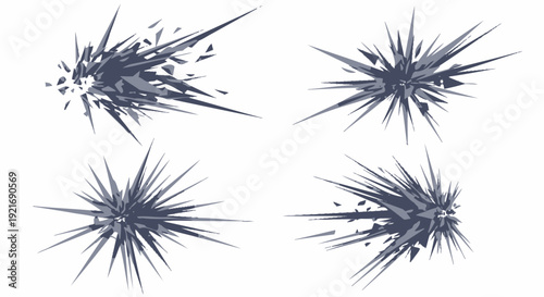 Abstract Set of Dynamic Explosion and Shatter Burst Effects on Isolated White Background