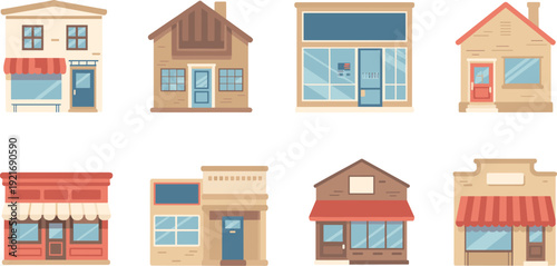 Set of 8 minimalist storefront icons, small shop facades and retail buildings, flat vector cartoon business illustration
