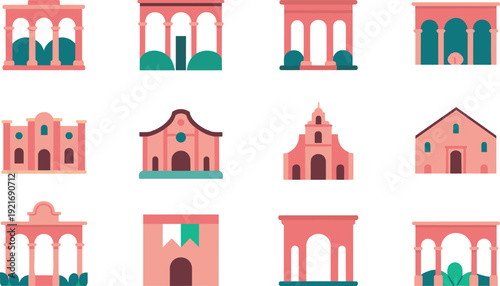Spanish colonial architecture icon collection, mission church adobe facade arches flat vector illustration set
