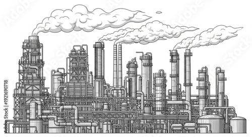 Industrial Factory Complex with Smokestacks.