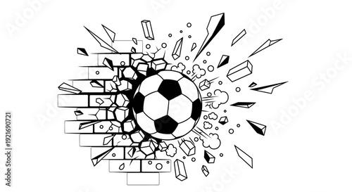 Soccer Ball Breaking Through Brick Wall Outline on Isolated White Background