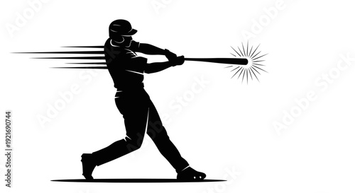 Dynamic Silhouette of Baseball Player Hitting Ball with Powerful Bat Swing on Isolated White Background