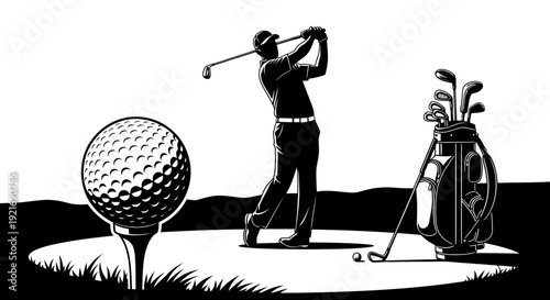 Silhouette of Golfer Swinging Club with Golf Bag and Ball on Stylized Ground, Isolated White Background