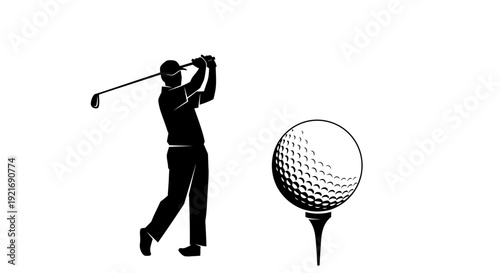 Silhouette of Golfer Swinging Club Hitting Ball on Tee, Isolated White Background