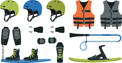 Water sports equipment collection, helmets life jackets wakeboard boots bindings rope and safety gear flat vector illustration