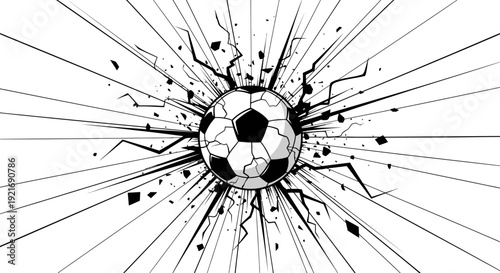 Soccer Ball Shattering and Breaking Apart with Abstract Lines on Isolated White Background