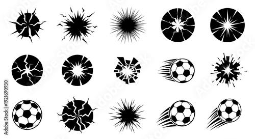 Vector set of black and white graphic elements depicting soccer balls, explosions, cracks, and starburst effects, illustrating impact and motion.
