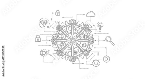 Complex Gear Network with Integrated Technology Icons on Isolated White Background