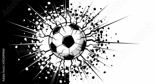 Exploding Soccer Ball with Dynamic Energy Burst on Black Background