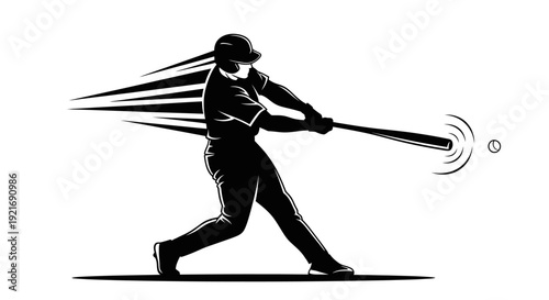 Dynamic black and white silhouette of a baseball player hitting a ball with a bat, showing speed and impact.
