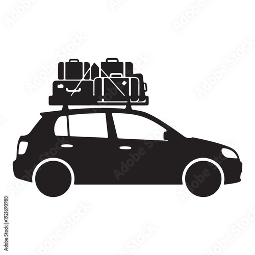 Travel car with luggage silhouette icon, road trip symbol, vacation transport logo, tourism adventure concept, black vector illustration