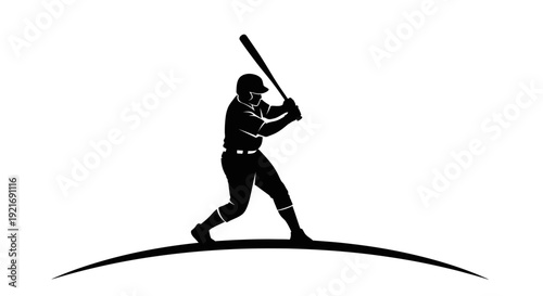Silhouette of a baseball player in mid-swing, holding a bat, standing on a curved line, isolated on a white background.