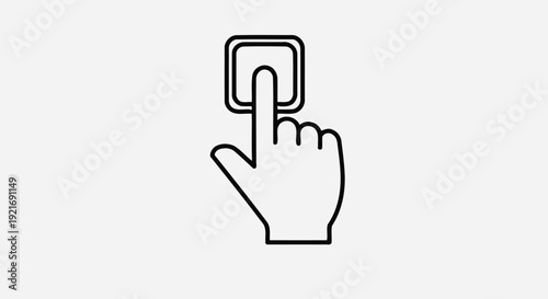 Line art illustration of a human hand with an index finger pressing a square button, representing interaction or a click.