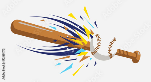 Baseball Bat Hitting Baseball with Dynamic Impact Explosion on Isolated White Background