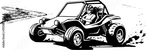 Woman exhilarates desert terrain in minimalist sumi-e dune buggy
