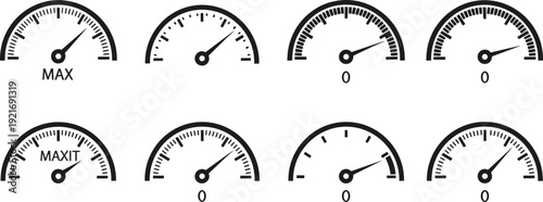 Industrial Speedometer and Performance Gauge Icon Set – Minimalist Black Vector Symbols for Dashboard Measurement and Data Analytics