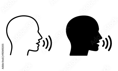 Photography Human speaking head silhouette with sound wave communication symbol, voice inter