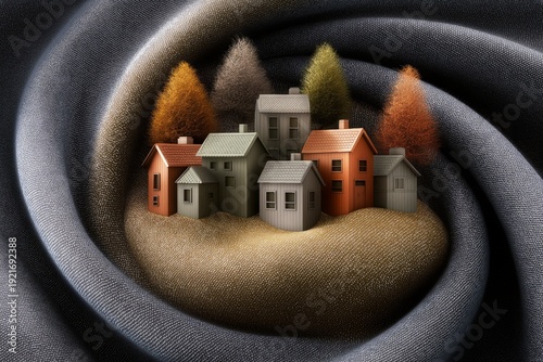 AI-generated image of a tiny village in the folds of fabric, in a constrained palette of blue, orange and cream