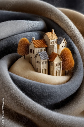 AI-generated image of a tiny village in the folds of fabric, in a constrained palette of blue, orange and cream