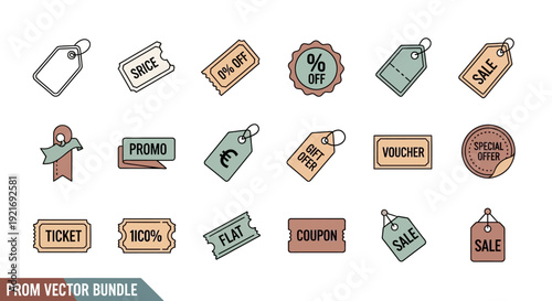 A collection of colorful promotional tags, labels, tickets, and coupons for sales and special offers.