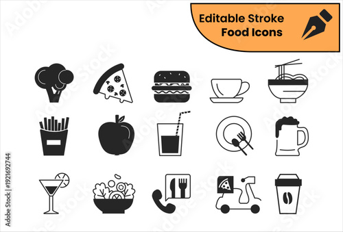 Minimalist black food and drink icon set for restaurant menu and delivery app vector editable stroke
