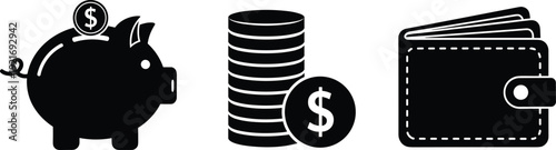Personal Finance and Savings Vector Set – Black Silhouettes of Piggy Bank Money Coins and Wallet for Banking and Investment