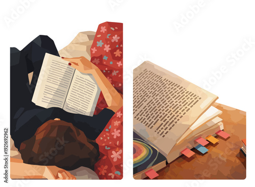 diptych illustration of a person reading a book and a stack of books with colorful bookmarks