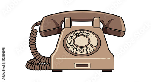 A vintage brown rotary dial telephone is depicted in a simple flat illustration style silhouette high quality professional detailed modern elegant