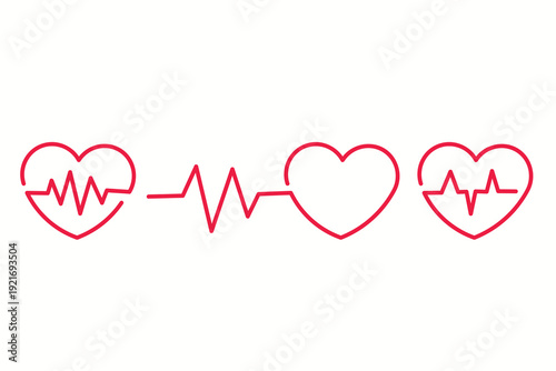 Heartbeat ECG line with heart symbols medical love icon set.