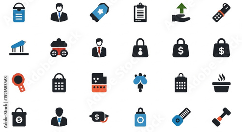 Collection of Business and Finance Icons on White Background.