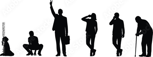 Black silhouettes showing human life cycle stages from childhood to old age with diverse people standing sitting and walking using cane