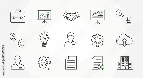 Collection of Business and Finance Icons in a Simple Line Art Style.