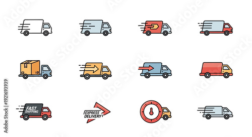 A collection of twelve colorful flat design icons depicting various delivery trucks and fast shipping services.