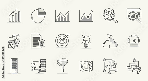 Collection of business and finance icons for data analysis and strategy.