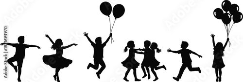 Black silhouettes of happy children playing, jumping, dancing, and holding balloons, represent childhood joy, summer fun, and diverse group activities